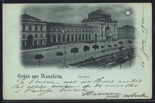 Mondschein-AK Mannheim, Bahnhof mit Strasse aus der Vogelschau