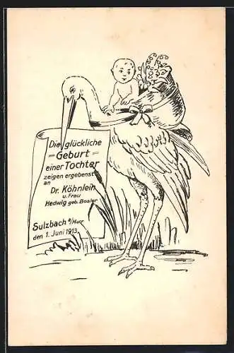 Künstler-AK Sulzbach a. Murr, Private Geburtsanzeige Dr. Köhnlein 1913, Storch mit Baby