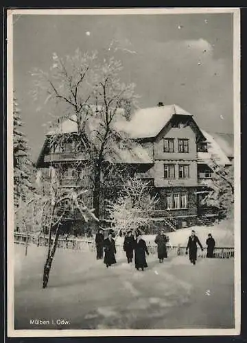 AK Mülben i. Odw., NSV-Müttererholungsheim Reinacher im Winter, mit Frauengruppe