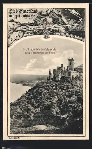 AK Niederlahnstein am Rhein, Blick auf das Schloss Stolzenfels über dem Rheintal