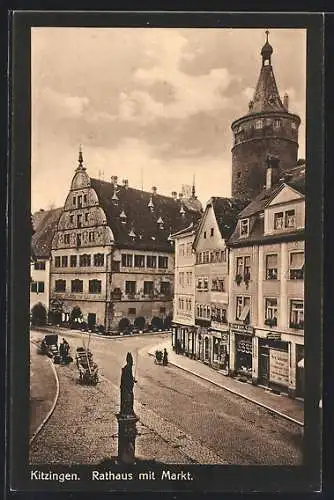 AK Kitzingen, Rathaus mit Markt, von oben gesehen