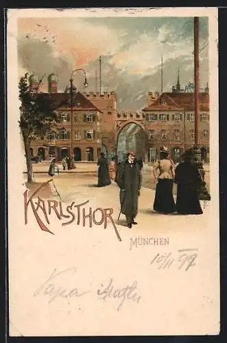 Lithographie München, Spaziergänger am Karlsthor bei Gewitterstimmung