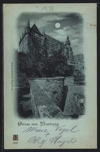 Mondschein-AK Marburg, Ortspartie mit Turmgebäude
