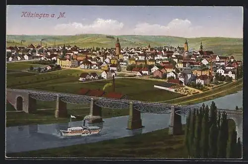 AK Kitzingen, Blick von oben über den Main auf den Ort, Dampfer