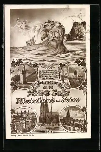 AK Worms, 1000 Jahr Rheinland-Feier 1925, Teilansicht der Stadt, Speyer, Schloss Rheinstein, Vater Rhein
