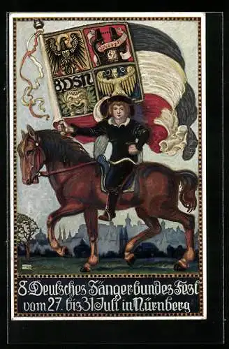 AK Nürnberg, 8. Deutsches Sängerbundesfest vom 27. bis 31. Juli 1912, Mann auf einem Pferd mit Fahne