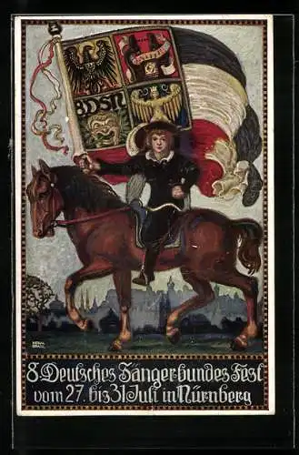 AK Nürnberg, 8. Deutsches Sängerbundesfest vom 27. bis 31. Juli 1912, Mann auf einem Pferd mit Fahne