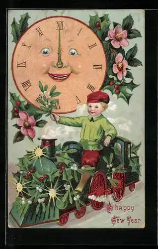 Präge-AK Uhr mit Gesicht, Kleiner Lokomotivführer, Neujahrsgruss