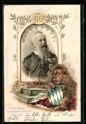 AK Portrait Prinzregent Luitpold von Bayern vor dem bayrischen Löwen
