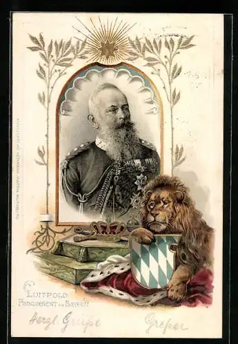 AK Portrait Prinzregent Luitpold von Bayern vor dem bayrischen Löwen