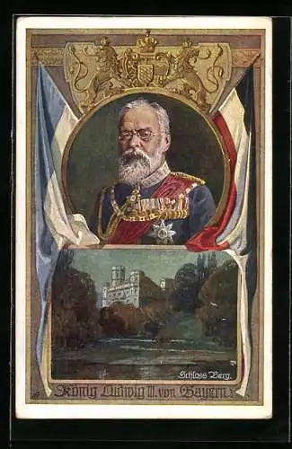 AK König Ludwig III. in Uniform, Schloss Berg, Fahnen Bayerns und des Deutschen Reiches
