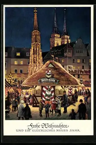 Künstler-AK Nürnberg, Christkindlmarkt mit Honigstand Fa. Lebkuchen Schmidt u. Türmen der Sebalduskirche bei Dämmerung