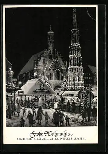 AK Nürnberg, Blick auf den Christkindles-Markt mit der Liebfrauenkirche und dem schönen Brunnen bei Nacht im Winter