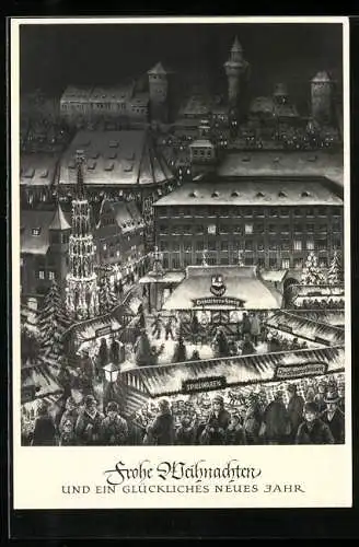 Künstler-AK Nürnberg, Christkindlesmarkt 1965, Burg, Schöner Brunnen und Schmidt`s Honig- und Lebkuchenhaus