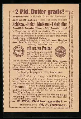 AK Hademarschen /Holstein, Werbung für Schlesw.-Holst. Molkerei-Tafelbutter, Versandfirma M. F. Dittmer
