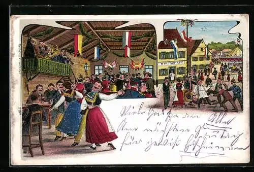 Lithographie Volkstanz auf der Diele, Volksfest an einem Gasthaus