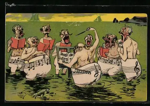 AK Männerchor in Badehosen singt im Wasser am Meer