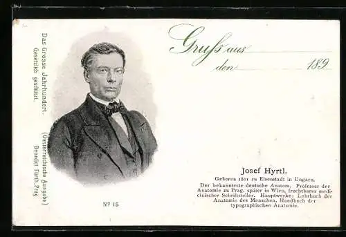 AK Josef Hyrtl, Portrait und Kurzvita