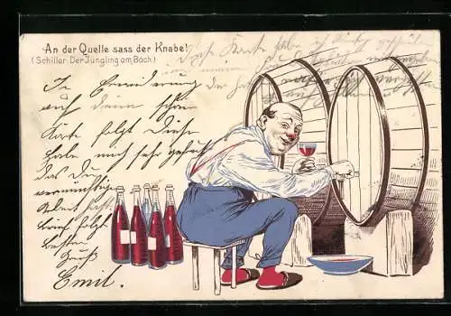 Lithographie An der Quelle sass der Knabe, Trinker im Weinkeller