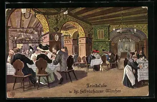 Künstler-AK München, Trinkstube mit Gästen im Hofbräuhaus