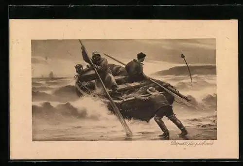 AK Fischer schieben Boot ins stürmische Meer