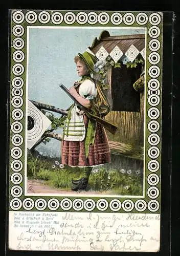 AK Jägerin in Tracht mit Gewehr begutachtet die Zielscheibe