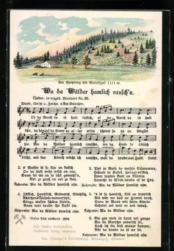 Lied-AK Anton Günther Nr. 30: Wu da Wälder hamlich rauschn - Liedtext mit Noten, Am Spitzberg bei Gottesgab