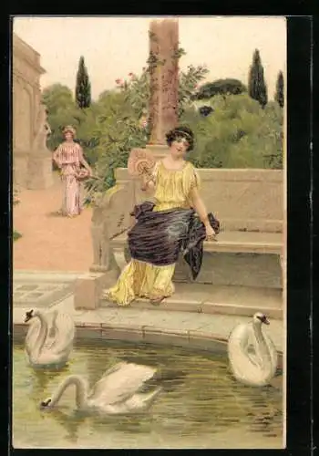 Lithographie Zwei Biedermeier-Damen an einem Wasserbecken mit Schwänen