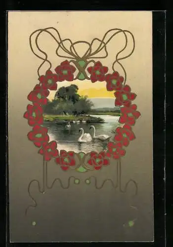 Passepartout-AK Seepartie mit Schwänen, Blumenornamente