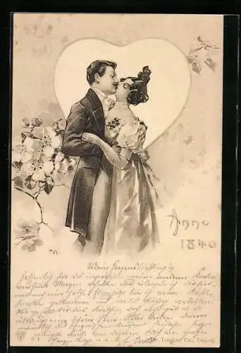 AK Mode anno 1840, Im Frühling küsst sich ein Paar