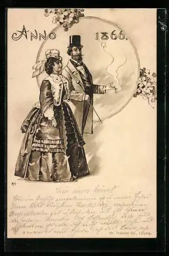 Künstler-AK Anno 1866, Paar in der Mode der Zeit
