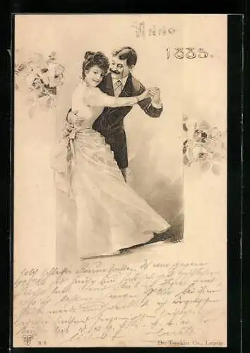 Künstler-AK Anno 1883, Paar in der Mode der Zeit beim Tanz