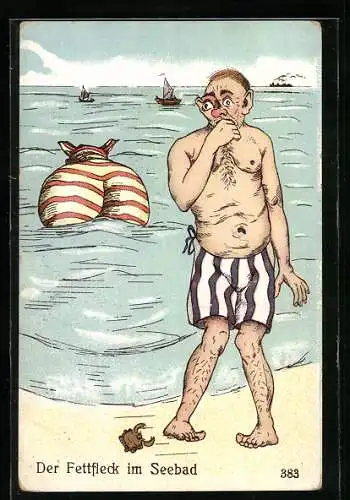 AK Der Fettfleck im Seebad, Karikatur
