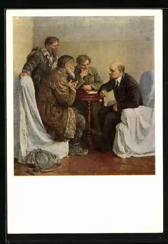 AK Lenin spricht mit drei Männern