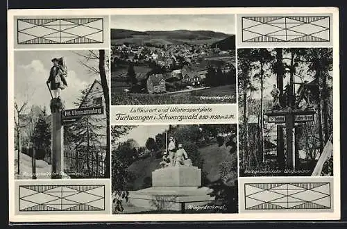 AK Furtwangen /Schwarzwald, Holzgeschnitzte Wegweiser, Kriegerdenkmal, Gesamtansicht