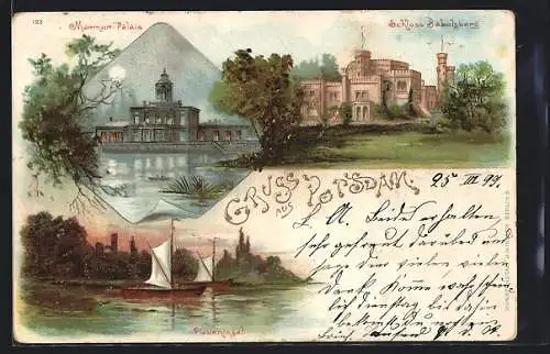 Lithographie Potsdam, Marmor Palais, Schloss Babelsberg, Pfaueninsel mit Segelbooten