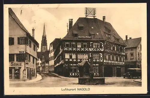 AK Nagold, Ortspartie mit Hotel Post und Brunnen