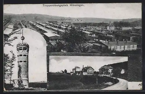 AK Münsingen, Truppenübungsplatz mit Turm Falkenhausen