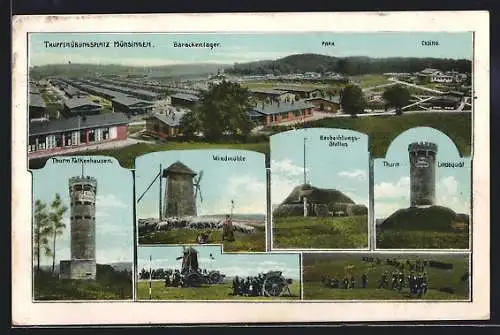 AK Münsingen, Truppenübungsplatz mit Barackenlager, Thurm Falkenhausen, Windmühle, Beobachtungsstation