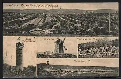 AK Münsingen, Truppenübungsplatz, Windmühle und Turm Falkenhausen