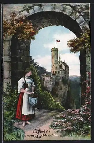 AK Lichtenstein, Mädchen namens Bärbel mit Korb am Schloss Lichtenstein