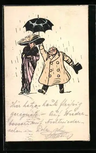 Künstler-AK Dame und Herr im Regen