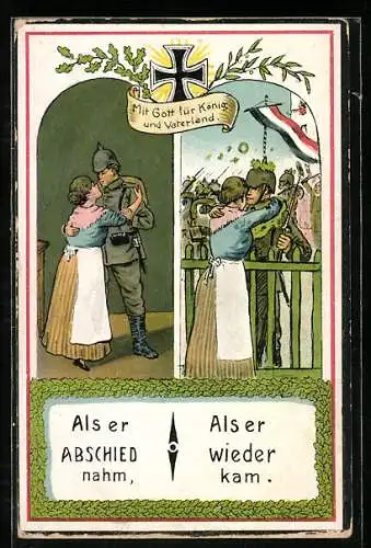 AK Soldat beim Verabschieden und Begrüssen seiner Frau, Eisernes Kreuz