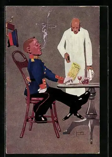 Künstler-AK Soldat im Restaurant