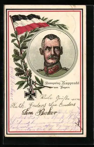 AK Porträt Kronprinz Rupprechts von Bayern, Flagge und Eichenast, Eisernes Kreuz
