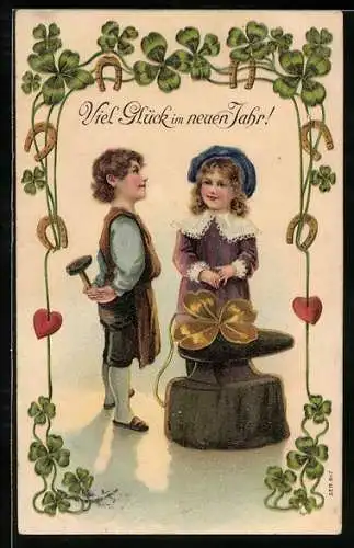 AK Schmied mit goldenem Kleeblatt, Neujahrsgruss