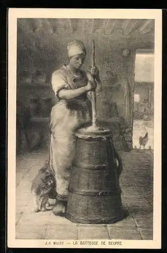 Künstler-AK sign. J. F. Millet: La batteuse de beurre, Frau macht Butter