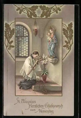 Passepartout-AK Schutzpatron St. Aloysius mit Kreuz betet vor Marienfigur, Goldverzierung