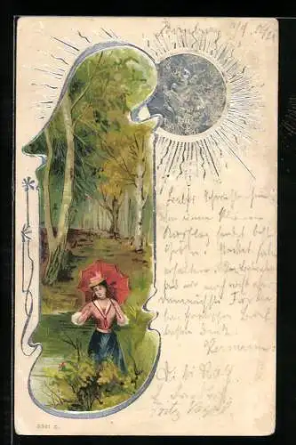 AK Sonne mit Gesicht über junger Dame im Grünen