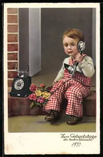 AK Kind mit Telefon und Rosen